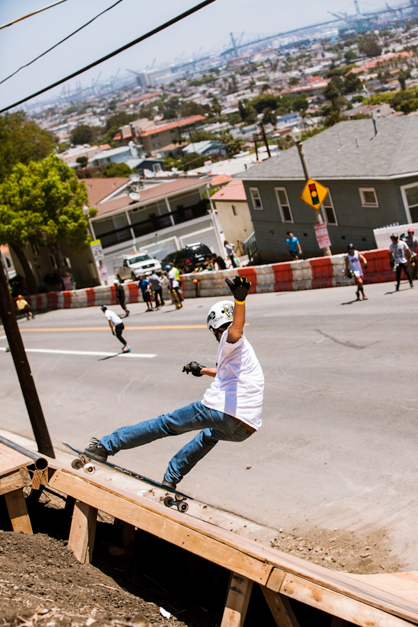 Louis Pilloni getting pitted 17 feet above Gaffey St. Photo: David Marano.